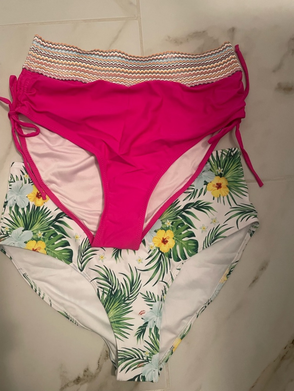 2 Women’s High-Waist Pink Swim Bottoms with Drawstring Waistband and Tropical